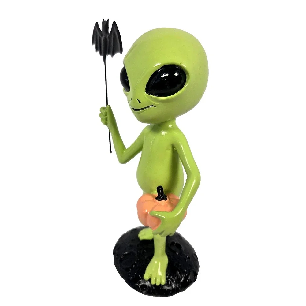 Green Alien Figurine Pumpkin Bat Lab No 10.31 Halloween Decor Spooky Cute